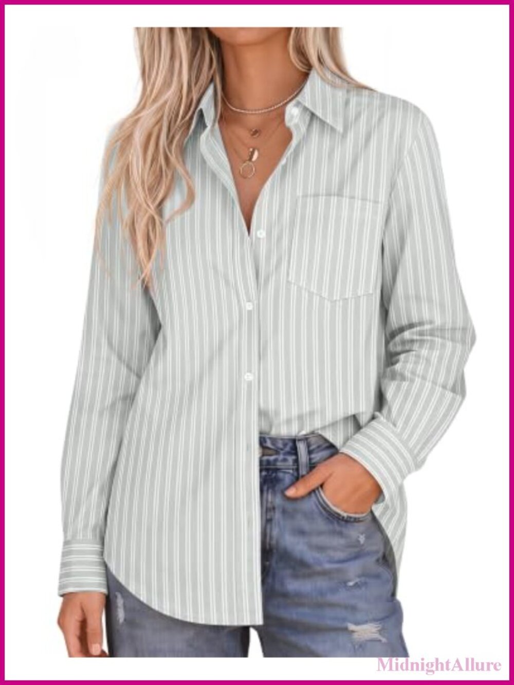Women's Striped Button Down Shirt Long Sleeve Collared Blouse with Pocket